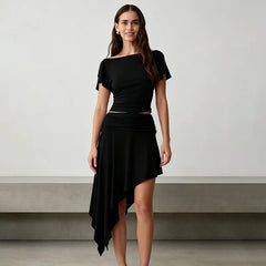 Off Shoulder Short-Sleeve Fitted Top And Irregular Hem Midi Skirt Set