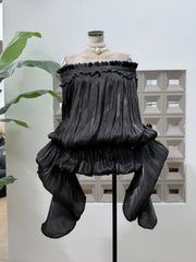 Slash Neck Long Sleeve Puff Mesh Hem Frill Mini Dress