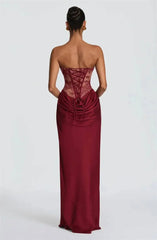 Strapless Lace Corset Satin Drape Maxi Dress