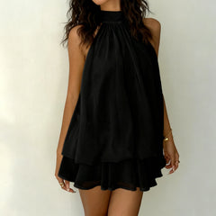 Tiered Ruffle Open Back Halter Mini Dress