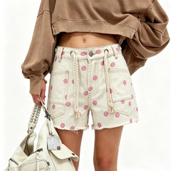 Polka Dot Denim Shorts with Braided Drawstring