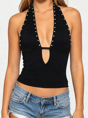 Rivet Studded Halter Neck Plunge Side Cut Out Top