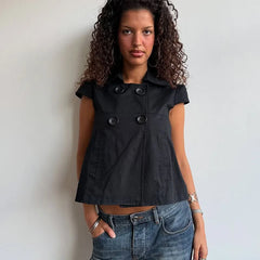 Black Short Sleeve Buttoned Top
