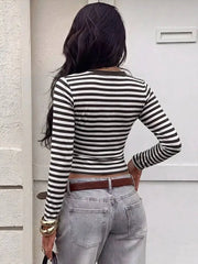 Brown Striped V-Neck Long Sleeve T-Shirt