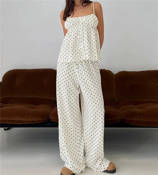 Striped Spaghetti Strap Peplum Top And Wide Leg Pants Loungewear Set