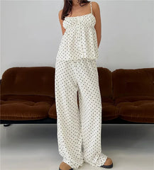 Striped Spaghetti Strap Peplum Top And Wide Leg Pants Loungewear Set