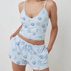 Blue Printed Strap Crop Top And Shorts Pajama Set