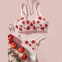 White Sheer Red Flower Embroidery Bra and Panties Lingerie Set