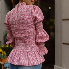 Pink Plaid Long Lantern Sleeve Smocked Top