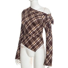 Brown Plaid Off-Shoulder Long Flare Sleeve Top