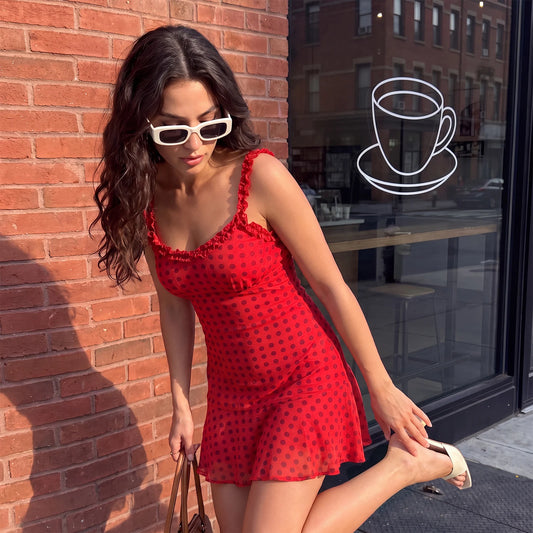 Red Polka Dot Ruffle Edge Mini Dress