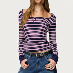 Square Neck Striped Long Sleeve Knit Top