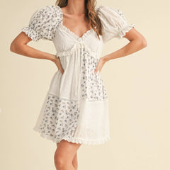 Floral Print Bow Tie Front Puff Sleeve Babydoll Mini Dress