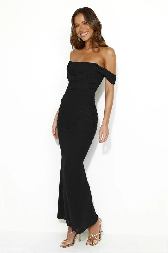 Mesh Ruched Off-Shoulder Bodycon Maxi Dress