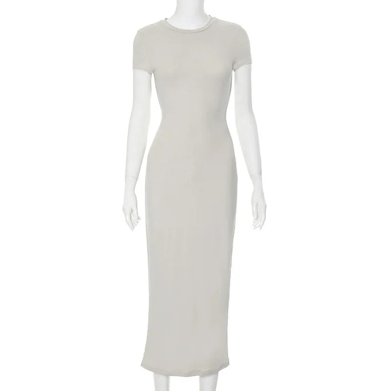 Crewneck Solid Short Sleeve Bodycon Long Dress
