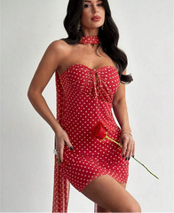 Red Dotted Tie Up Strapless Mini Dress With Scarf