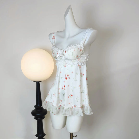 White Satin Floral Print NIght Gown