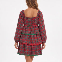 Red Plaid Tiered Long Puff Sleeve Smocked Mini Dress