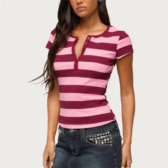 Pink Striped  Half Button Short Sleeve T‑Shirt