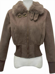 Fur Collar Motorcycle Zipper Short Jacket