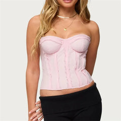 Pink Seam Trim Strapless Lace-Up Bustier Top