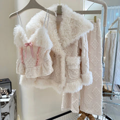 White Fur Plush 3 Piece Pajama Set