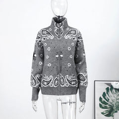 Paisley Knitted Zipper Stand Collar Cardigan Sweatshirt