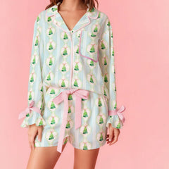 Floral Tree Print Long Sleeve Top And Pants Satin Lounge Set