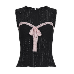 Black Knit Bow Trim Crop Top