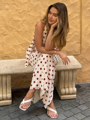 White And Red Polka Dot Halter Drape Tie Up Maxi Dress