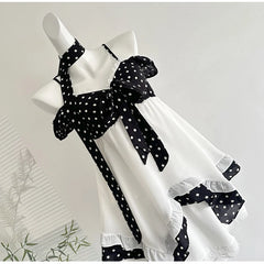 White Frill Black Polka Dot Patchwork Mini Dress