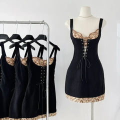 Black Lace-up Embroidered Patchwork Sleeveless Mini Dress