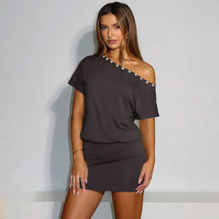 Button Applique Diagonal Collar Short Sleeve T-shirt Dress