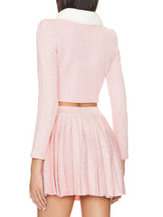 Pink Fur Collar Rhonestone Buttoned Crop Jacket And Pleated Mini Skirt Set