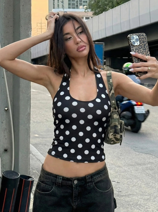 Black Polka Dot Print Backless Halter Top