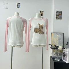 Pink Baby Deer Round Neck Long Sleeve Top