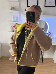 Reversible Two-Tone Fuzzy Stand Collar Zipper Jacket