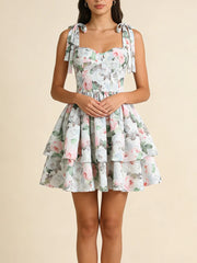 Print Corset Style Bow Strap Tiered Ruffled Mini Dress