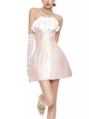 Rose Bow Lace Up Strapless Mini Dress