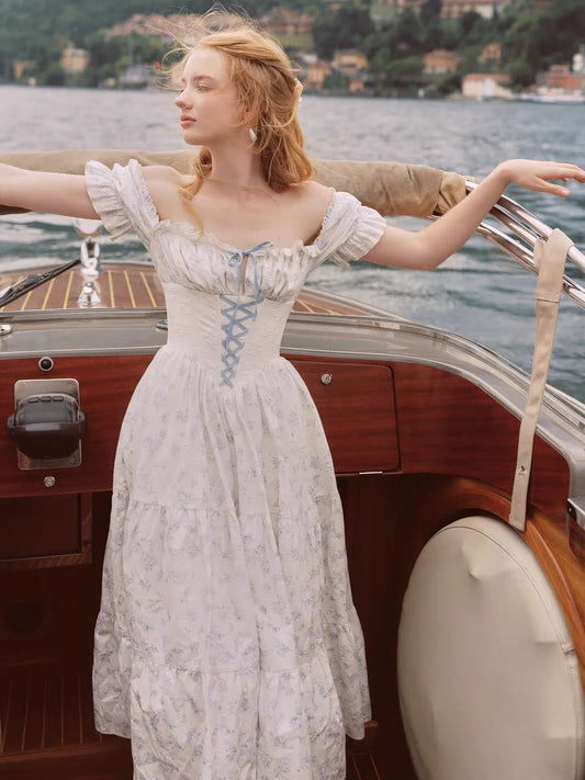 Blue Floral Puff Sleeve Corset Lace Up Midi Dress