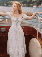 Blue Floral Puff Sleeve Corset Lace Up Midi Dress