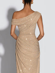 Off-Shoulder Sequin Draped Maxi Dress