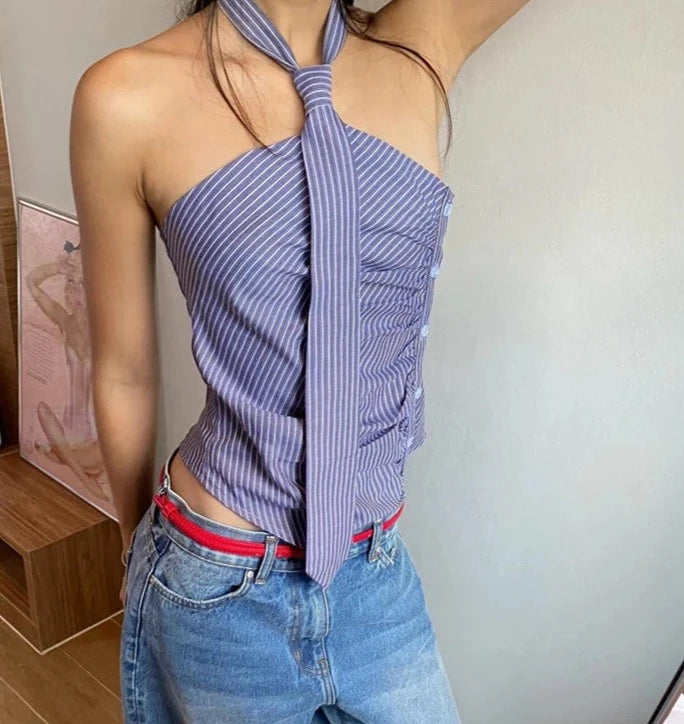 Blue Striped Halter Open Back Button Detail Asymmetrical Top 