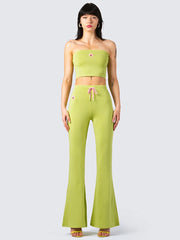 Green Embroidery Strapless Tube Top And High-Waisted Flare Pants Two-Piece Set