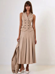 Buttoned Vest And Pleated Midi Skirt Two Piece Set Free From Label