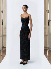 Black Sequin Strappy Bustier Maxi Dress