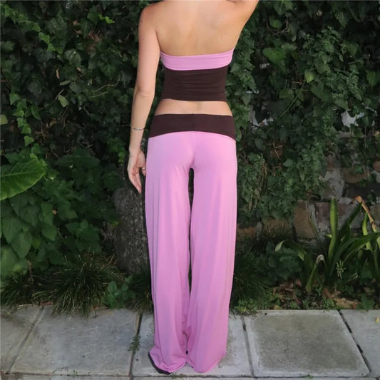 Pink Colour Block Tube Crop Top aAnd Low-Rise Fold Waist Wide-Leg Pants Set
