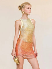 Tassel Bandage O-Neck Gradient Mini Dress