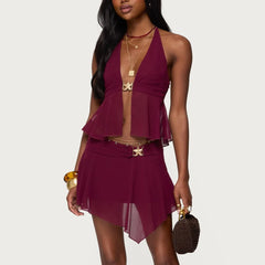 Mesh Halter Neck Metal Buckle Top with Mini Skirt Set