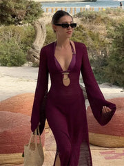 Knitted Long Sleeve Deep V-Neck Ring Detail Maxi Dress
